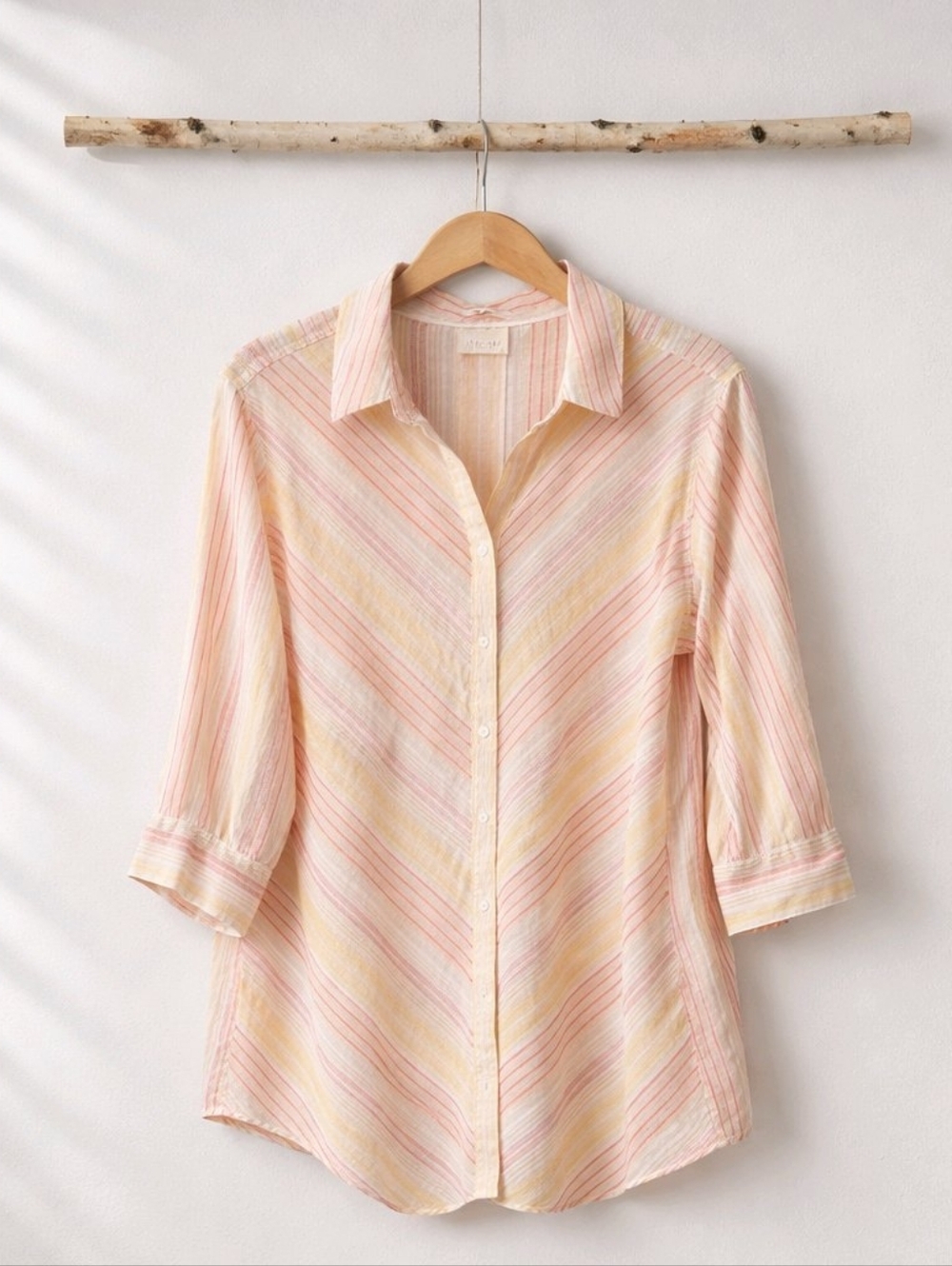 Chico's Pastel Pink and Yellow Striped Button-Down No-Iron Linen Tunic